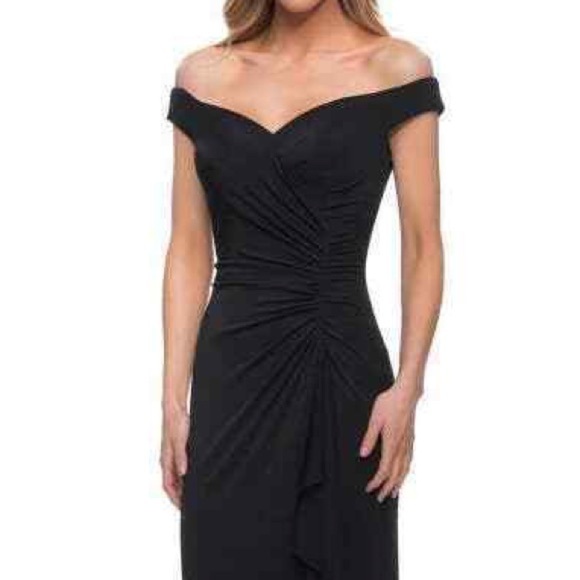 New La Femme Curve Off the Shoulder Jersey Ruched Long Dress Black Plus Size 22 - Picture 2 of 11